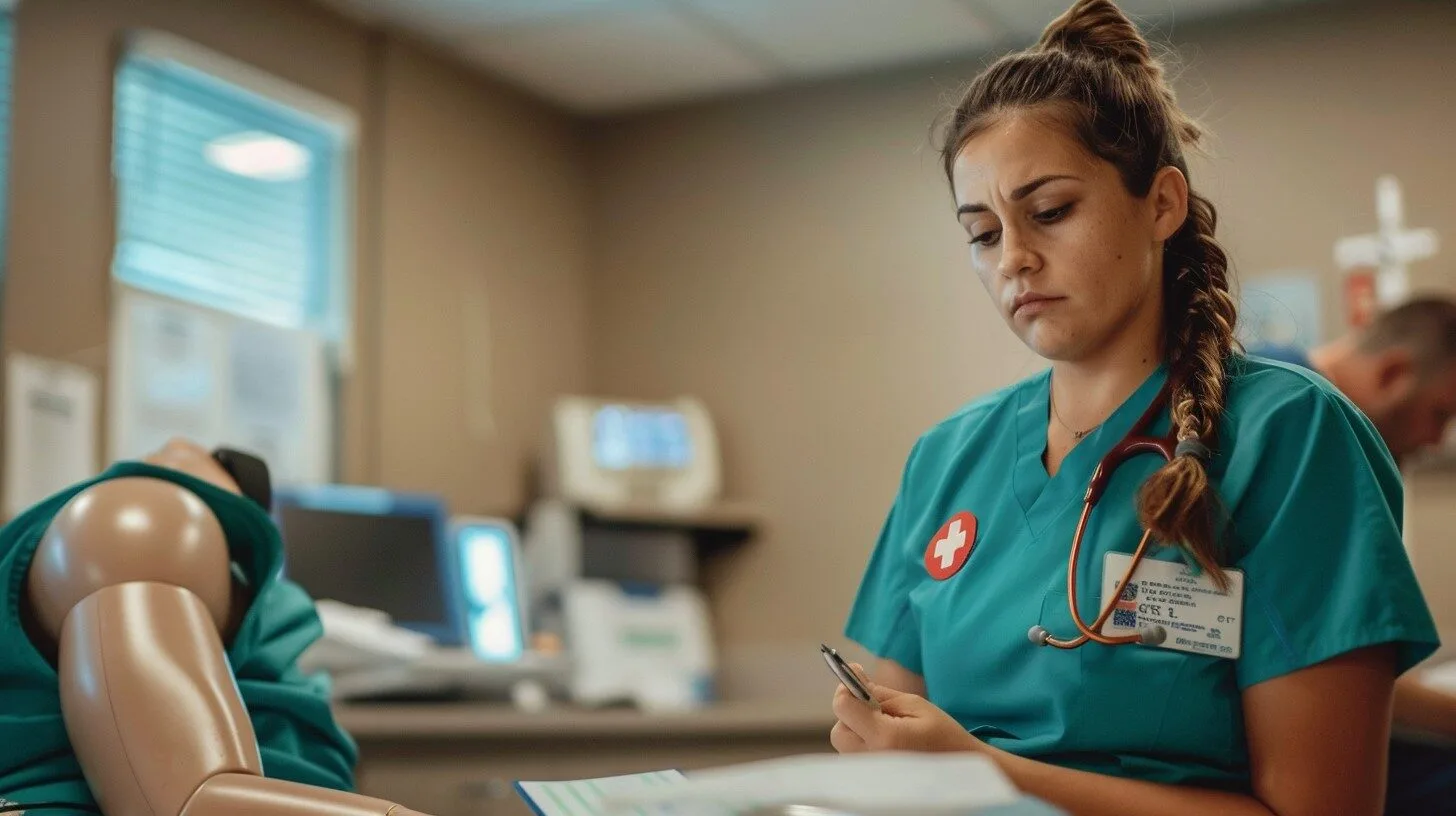 A healthcare student reviews online course completion and a BLS skills verification checklist next to a CPR mannequin in Lafayette, Louisiana, showing the final AHA blended learning hands-on skills check step at Safe & Secure Training.
